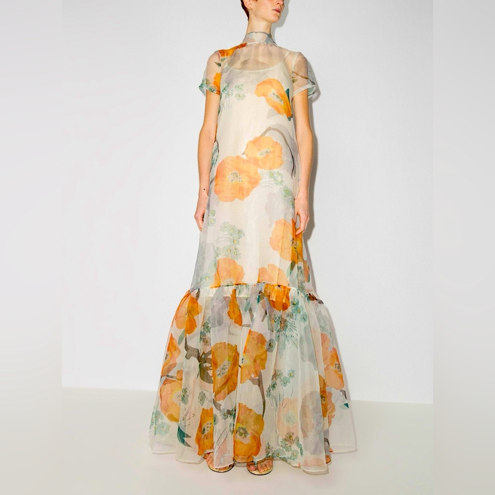 STAUD Floral Organza Maxi Dress in Orange and Cream